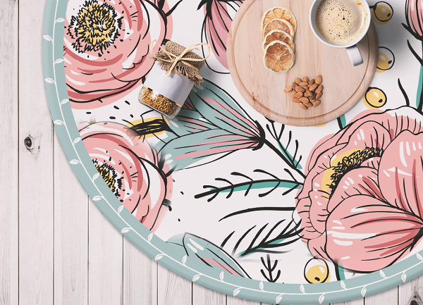 Round vinyl rug delicate flowers