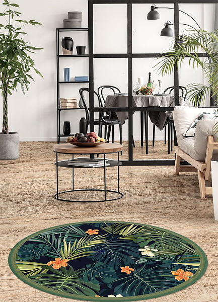 Round interior PVC carpet tropical leaves