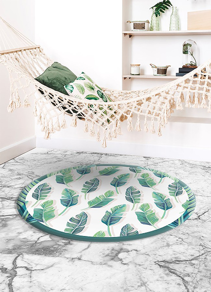 Round interior PVC carpet tropical leaves