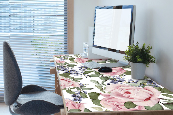 Large desk mat table protector Watercolor roses
