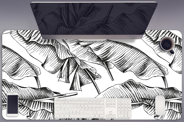 Large desk mat table protector black leaves