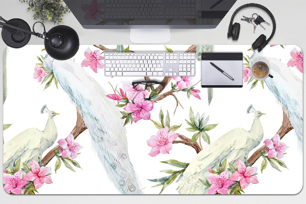 Large desk mat for children white peacocks