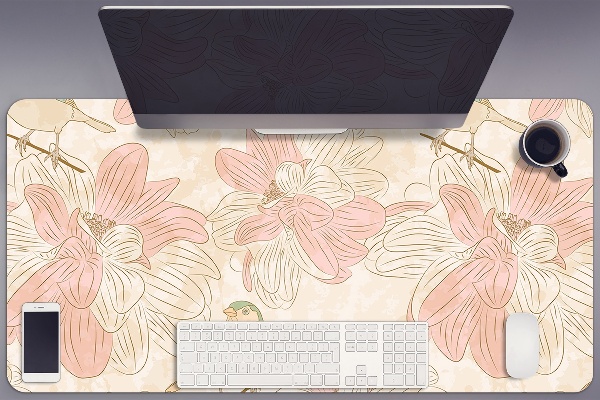 Large desk pad PVC protector beige birds