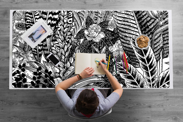 Desk mat Black and white leaves