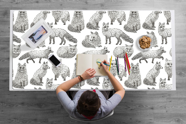 Large desk mat table protector drawn foxes