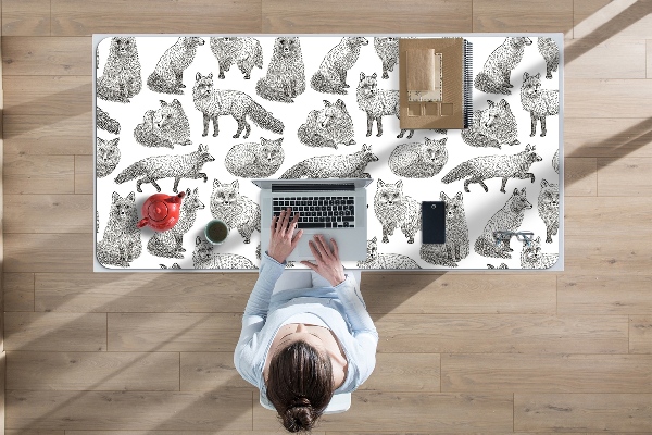 Large desk mat table protector drawn foxes