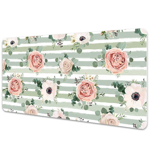 Large desk mat table protector striped roses