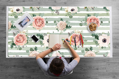 Large desk mat table protector striped roses