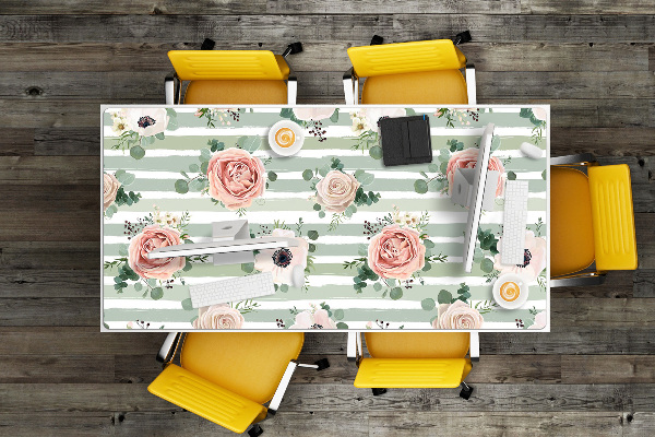 Large desk mat table protector striped roses