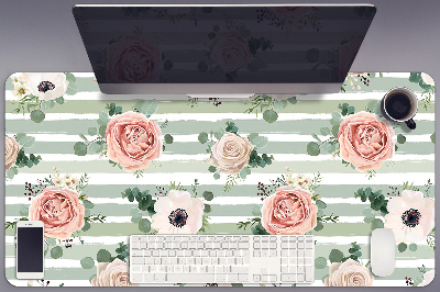 Large desk mat table protector striped roses