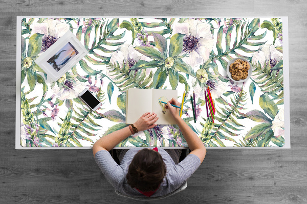 Large desk pad PVC protector white flowers
