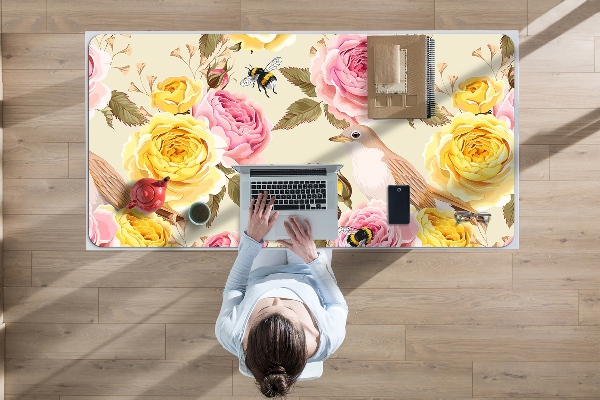 Large desk pad PVC protector Birds and Roses