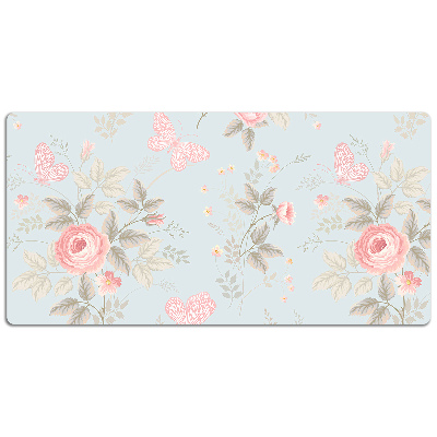 Large desk mat table protector Roses and butterflies