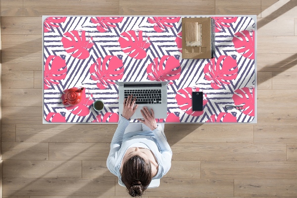 Large desk mat table protector pink leaves