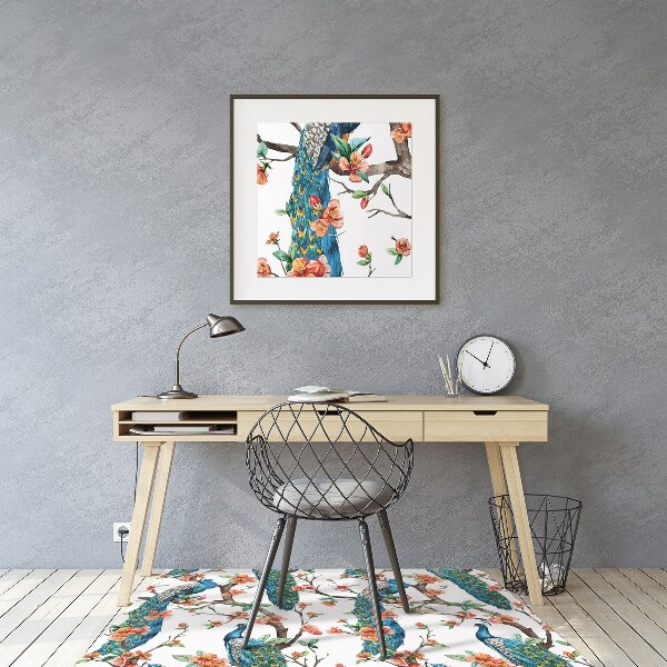 Office chair floor protector Peacocks and flowers