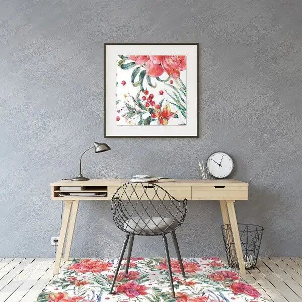 Office chair mat red flowers